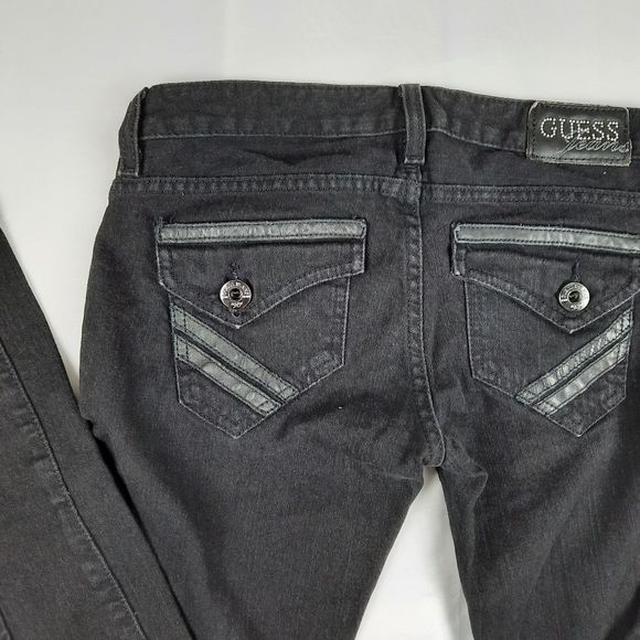 GUESS Jeans Starlet black W27 red label skinny asymmetrical pockets leather trim - Picture 2 of 14